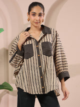 Cream & Black Printed Anti-Fit Shirt with Patch Pockets