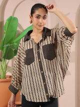 Cream & Black Printed Anti-Fit Shirt with Patch Pockets