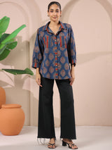 Blue Paan Printed Anti-Fit Shirt with Patch Pockets