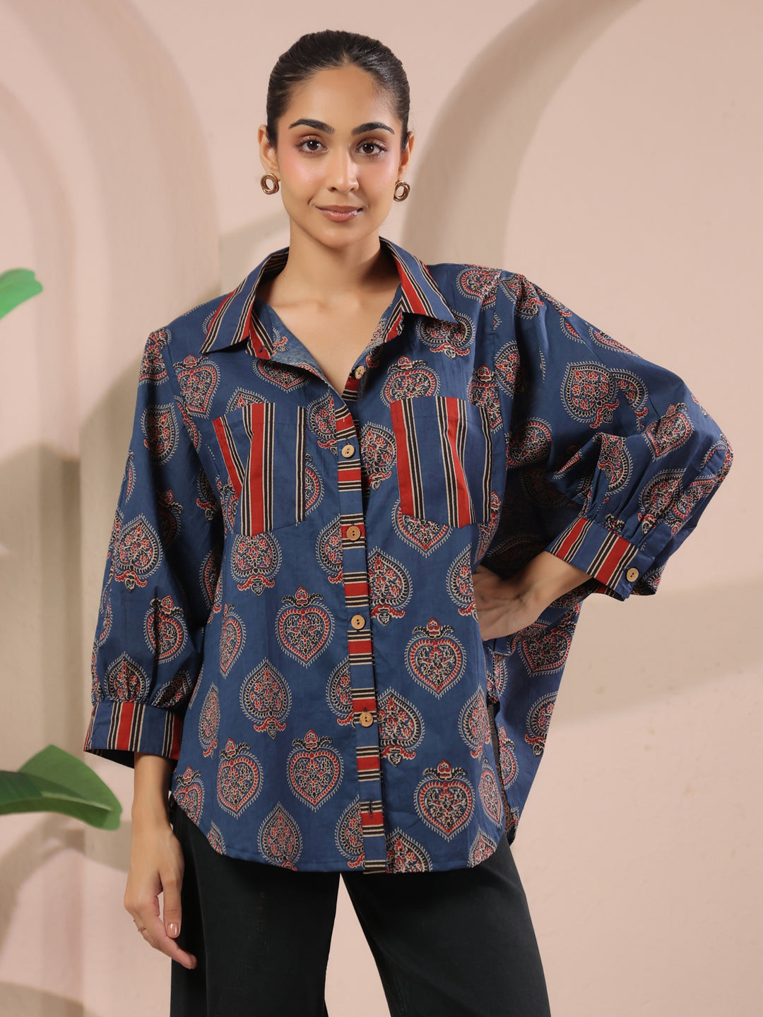 Blue Paan Printed Anti-Fit Shirt with Patch Pockets