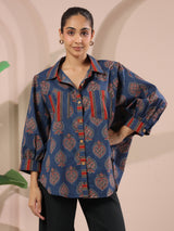 Blue Paan Printed Anti-Fit Shirt with Patch Pockets