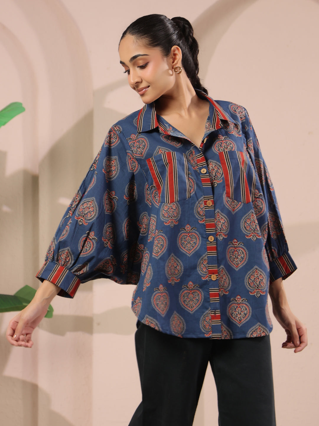 Blue Paan Printed Anti-Fit Shirt with Patch Pockets