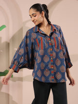Blue Paan Printed Anti-Fit Shirt with Patch Pockets