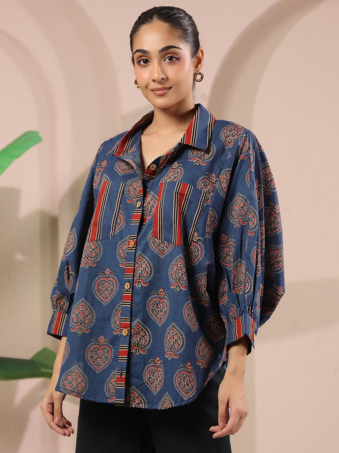 Blue Paan Printed Anti-Fit Shirt with Patch Pockets