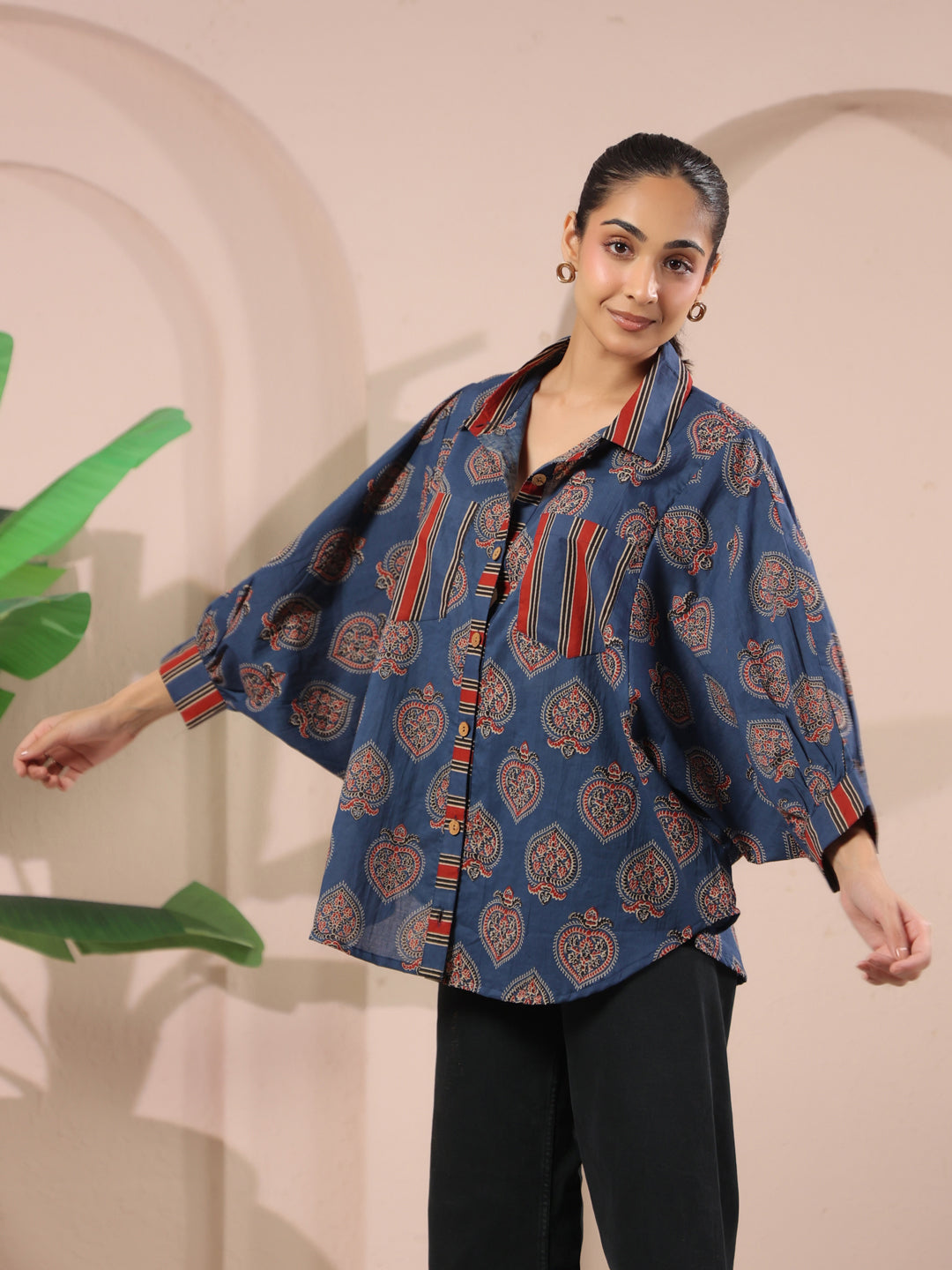 Blue Paan Printed Anti-Fit Shirt with Patch Pockets