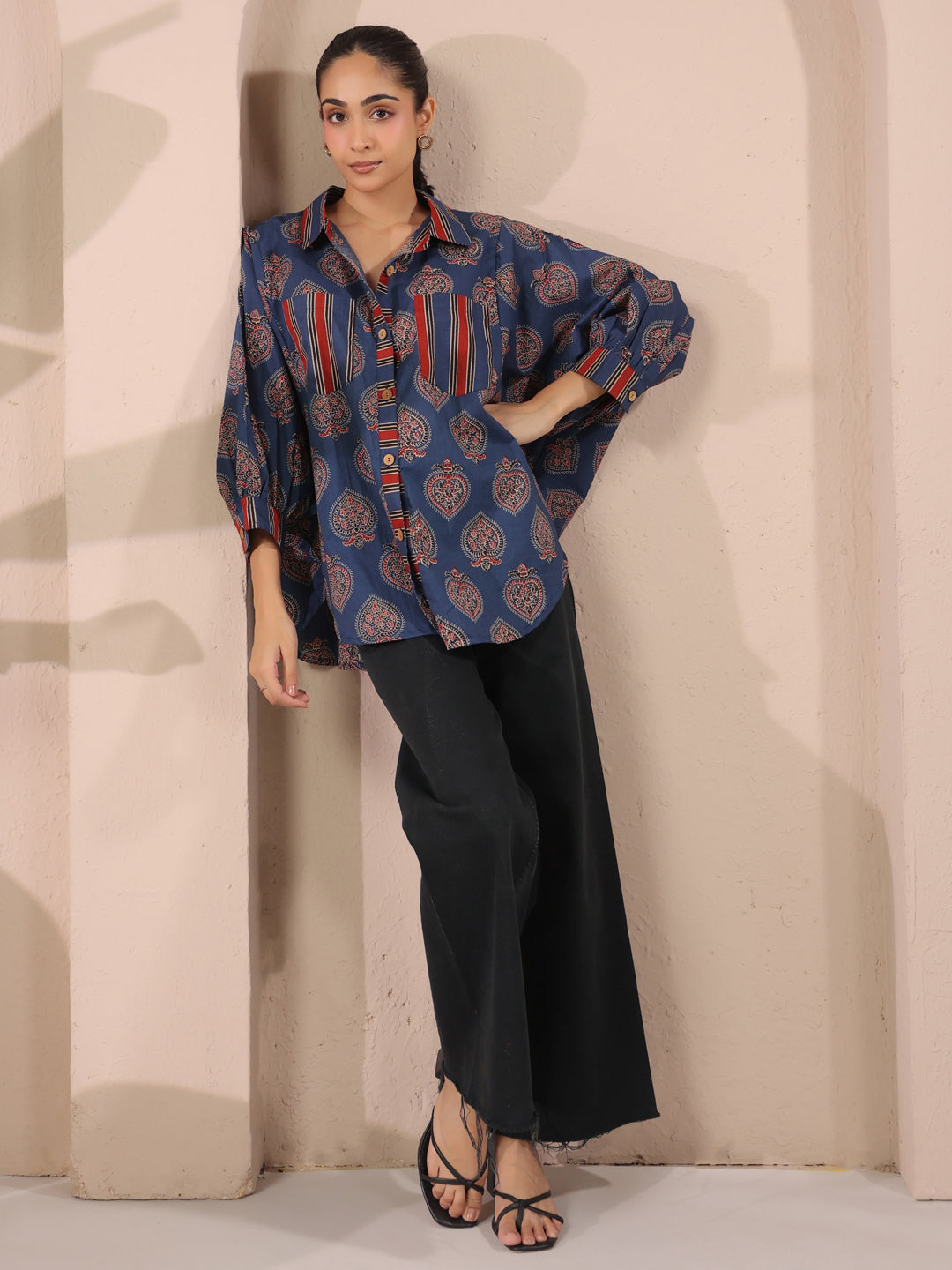 Blue Paan Printed Anti-Fit Shirt with Patch Pockets