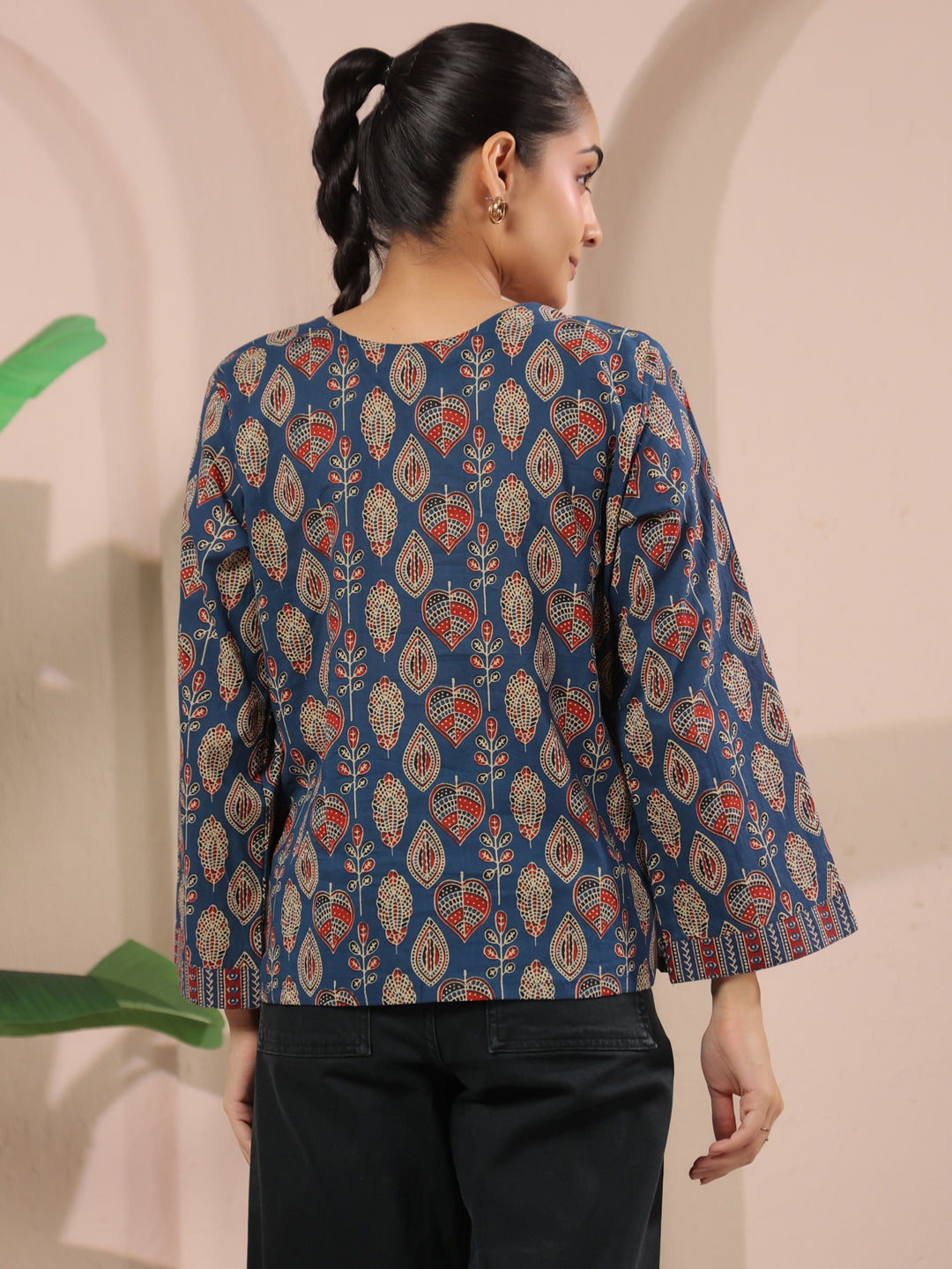 Blue Paan Printed V-Neck Cotton Top