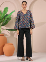 Blue Paan Printed V-Neck Cotton Top