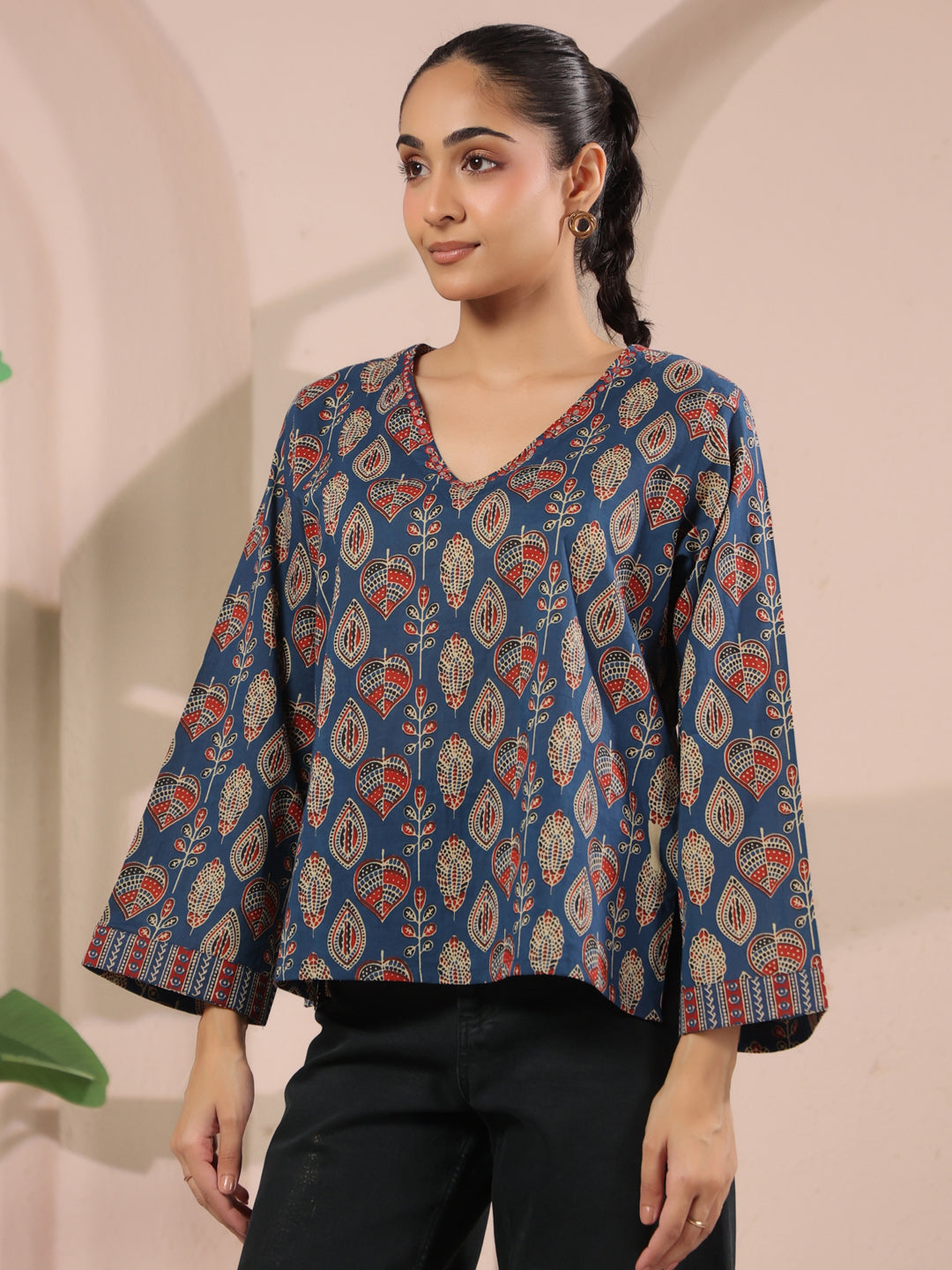 Blue Paan Printed V-Neck Cotton Top