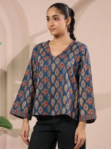 Blue Paan Printed V-Neck Cotton Top