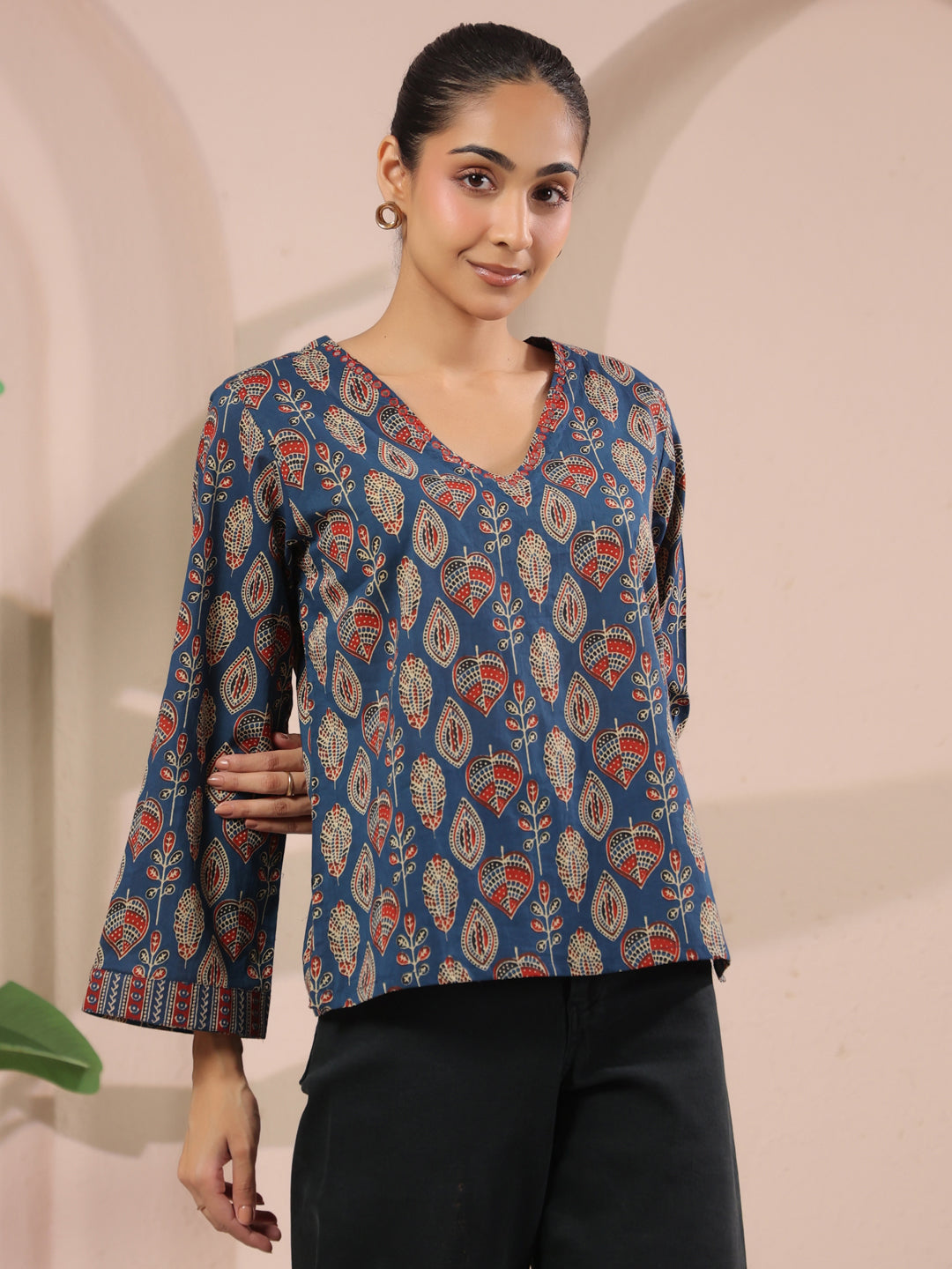 Blue Paan Printed V-Neck Cotton Top
