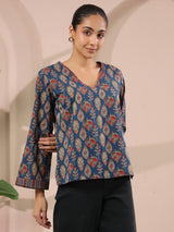 Blue Paan Printed V-Neck Cotton Top