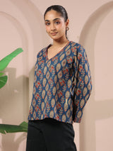 Blue Paan Printed V-Neck Cotton Top