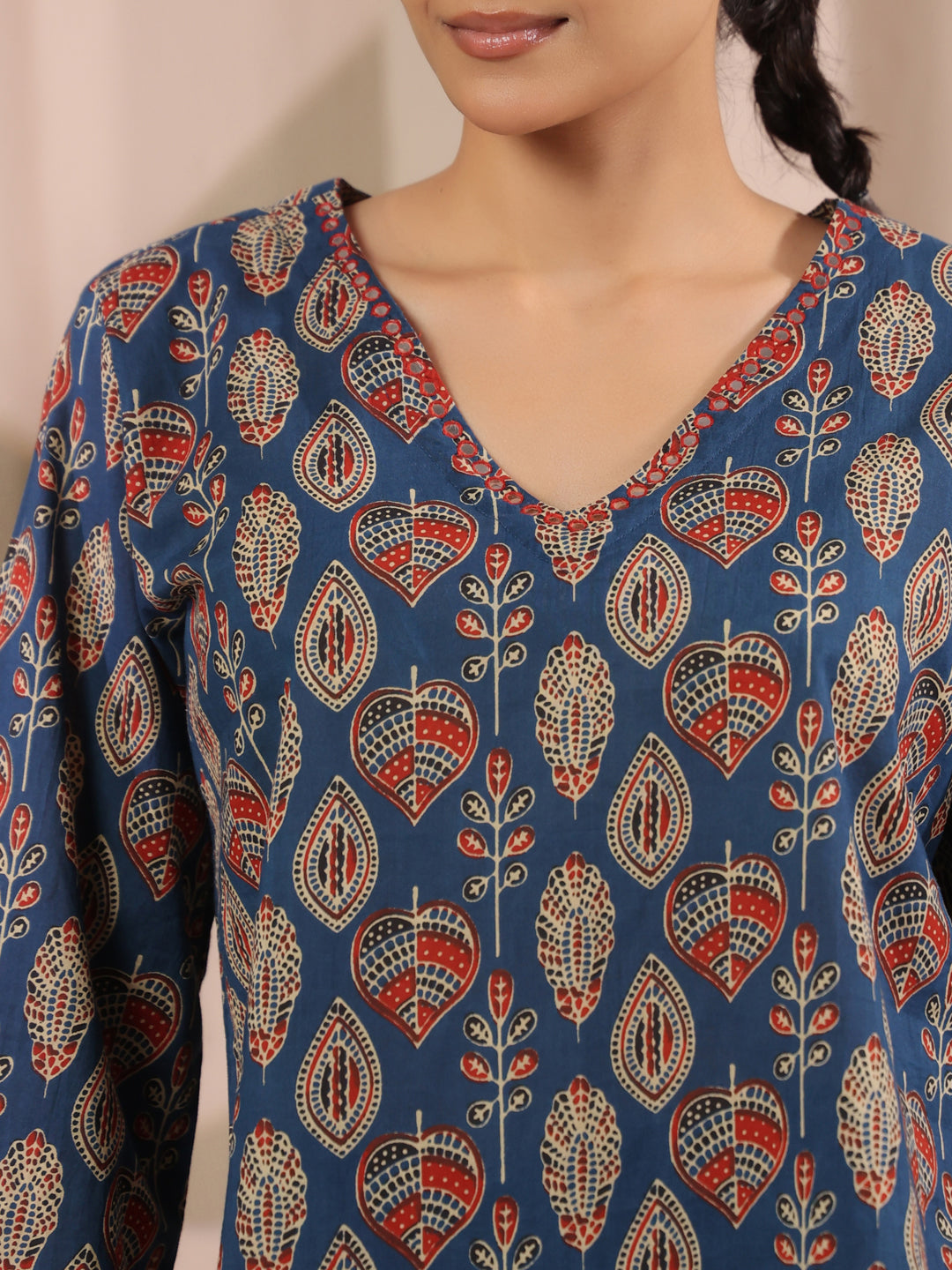 Blue Paan Printed V-Neck Cotton Top