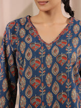 Blue Paan Printed V-Neck Cotton Top
