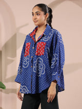 Blue Bandhej Printed Anti-Fit Shirt with Patch Pockets
