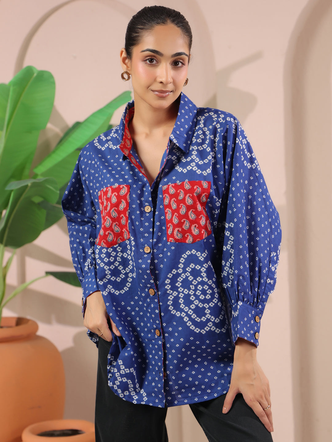 Blue Bandhej Printed Anti-Fit Shirt with Patch Pockets