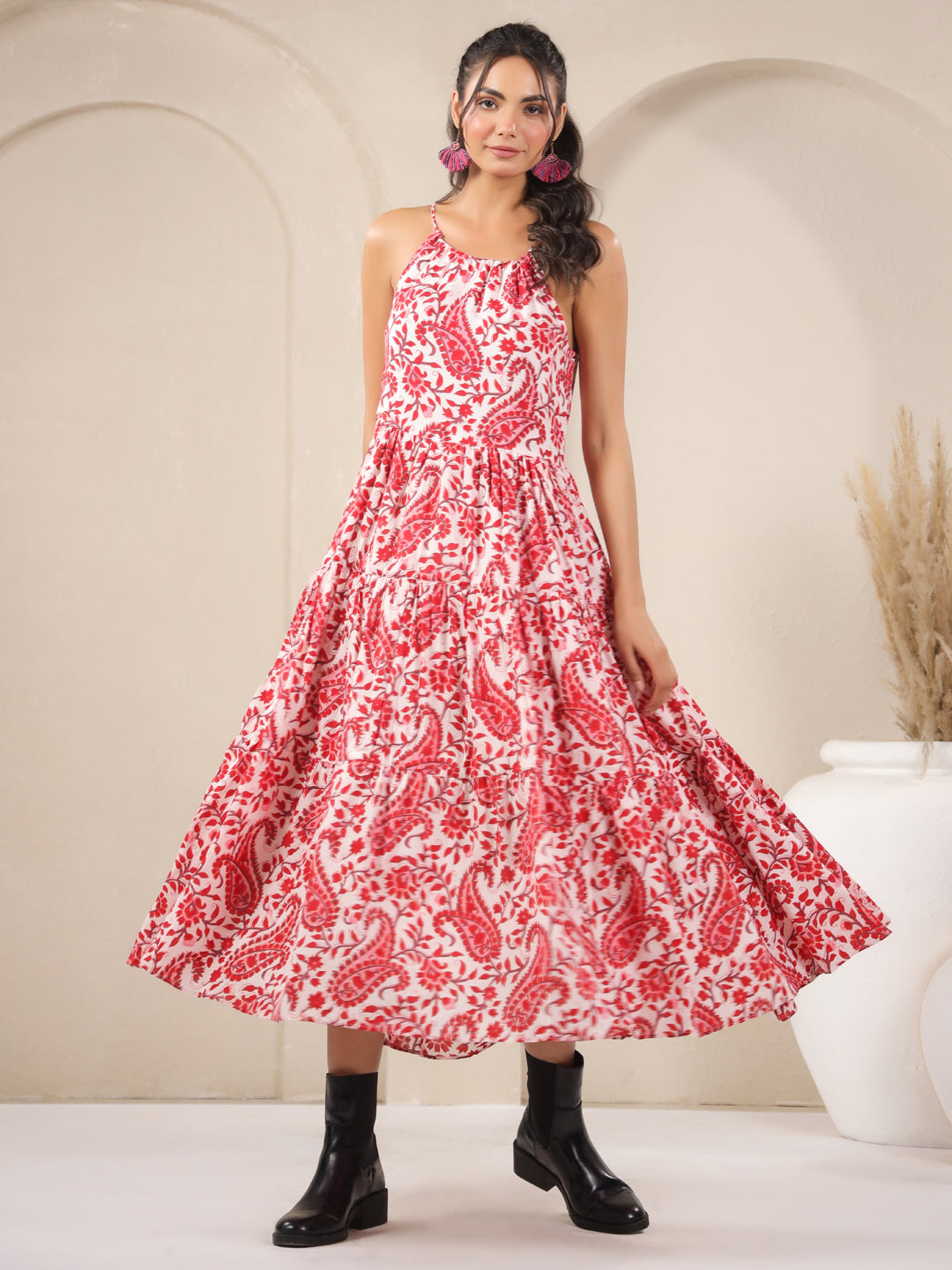 cotton dresses jaipur White Paisley Handblock Printed Cotton Dress L
