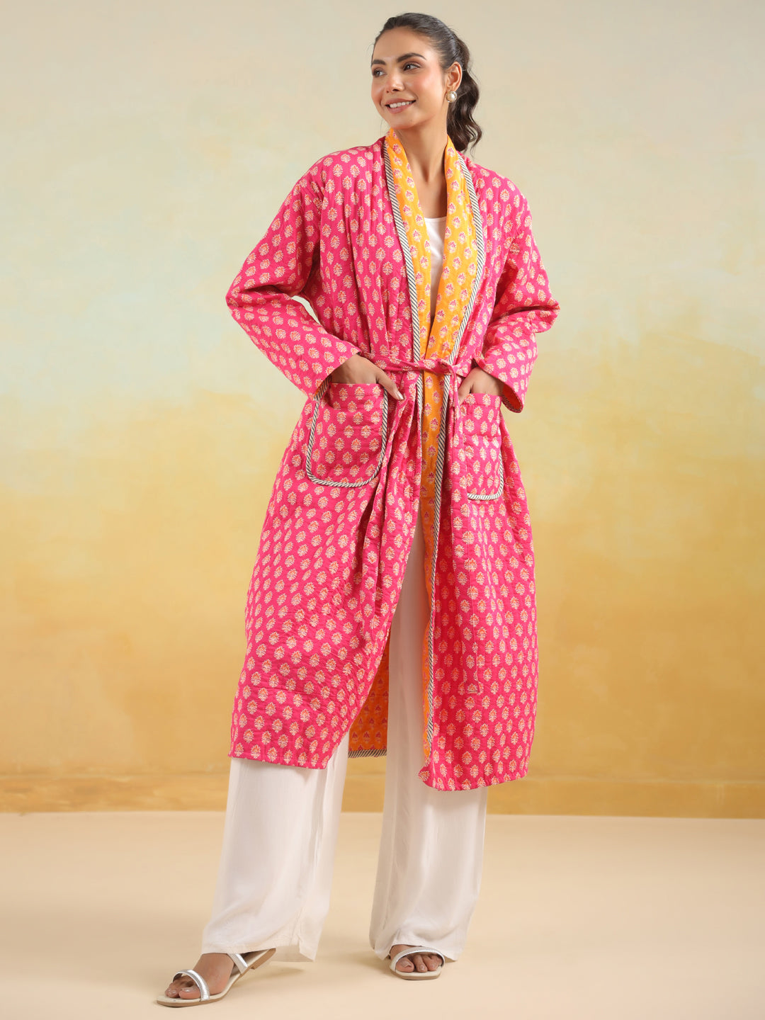 Pink & Yellow Reversible Quilted Cotton Robe – Jaipur Morni