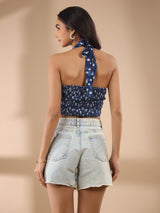 Indigo Cotton Printed Blouse and Kimono Set
