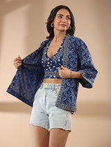 Indigo Cotton Printed Blouse and Kimono Set