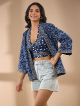 Indigo Cotton Printed Blouse and Kimono Set