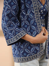 Indigo Cotton Printed Blouse and Kimono Set