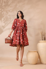 Bagru Printed V-Neck Printed Midi Dress