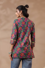 Green Printed Pintucks Cotton Top