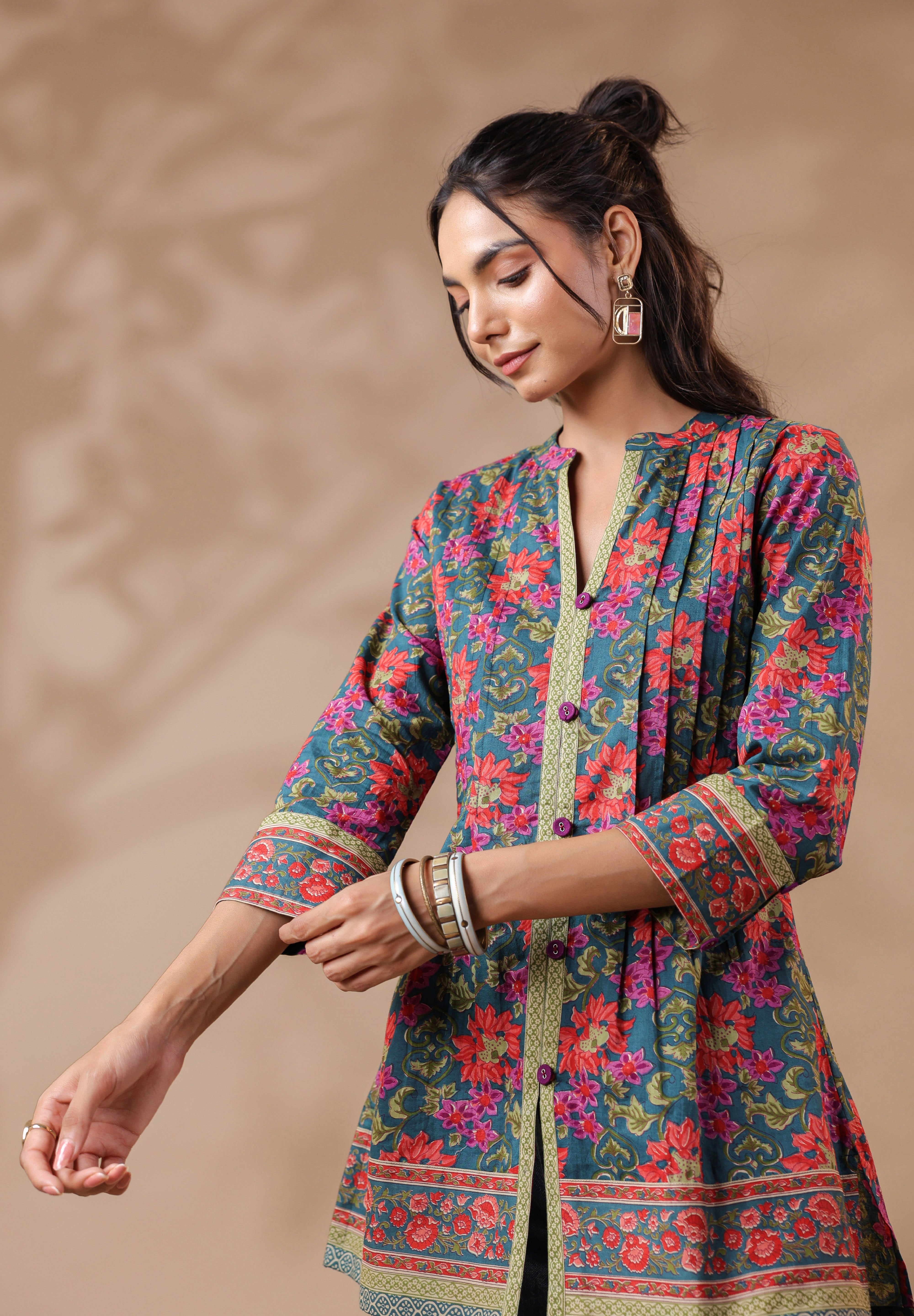 Green Printed Pintucks Cotton Top