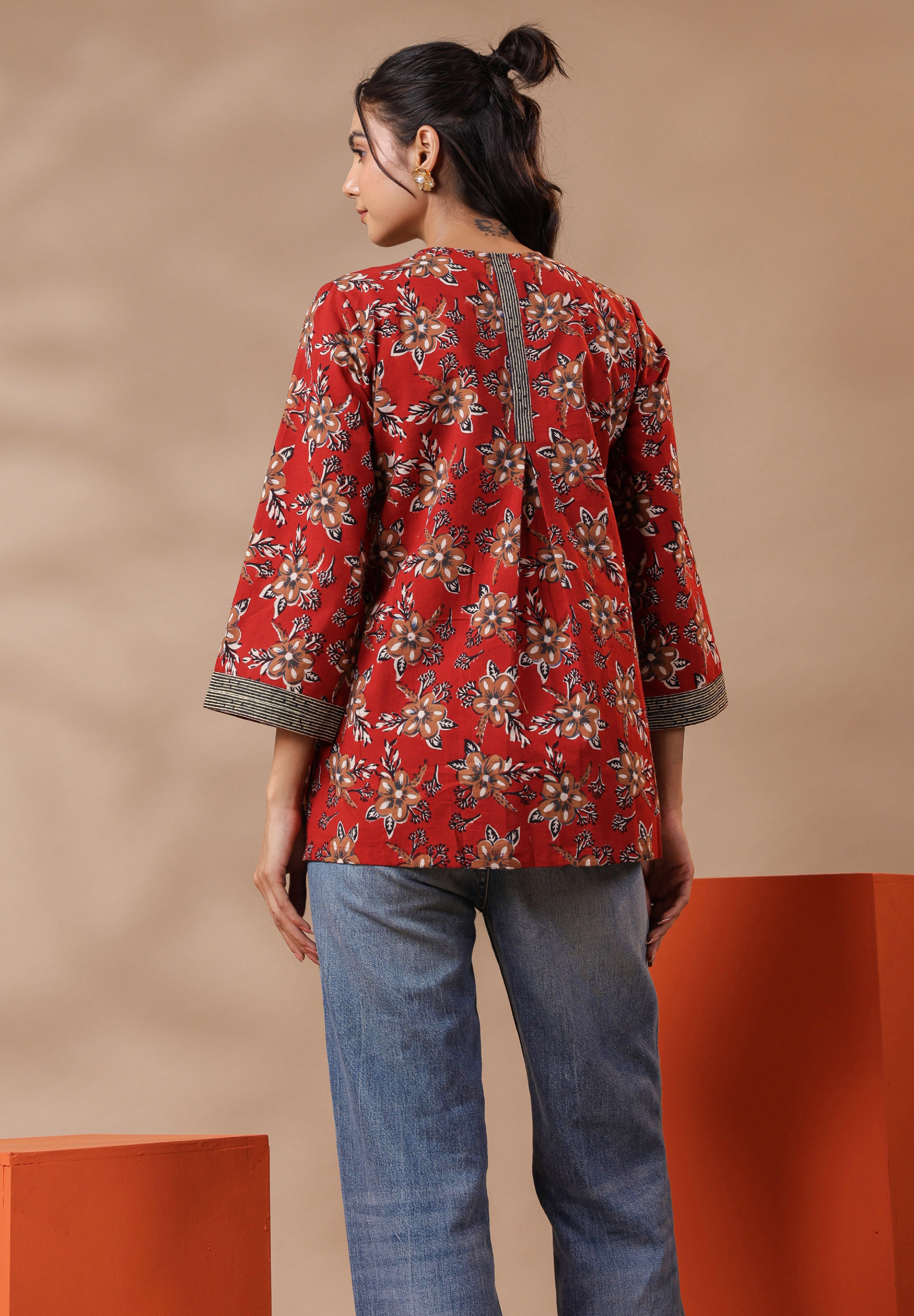 Maroon Bagru Printed Cotton Block Print A-Line Top