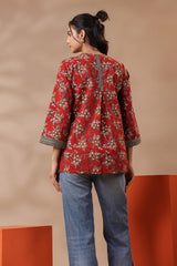 Maroon Bagru Printed Cotton Block Print A-Line Top
