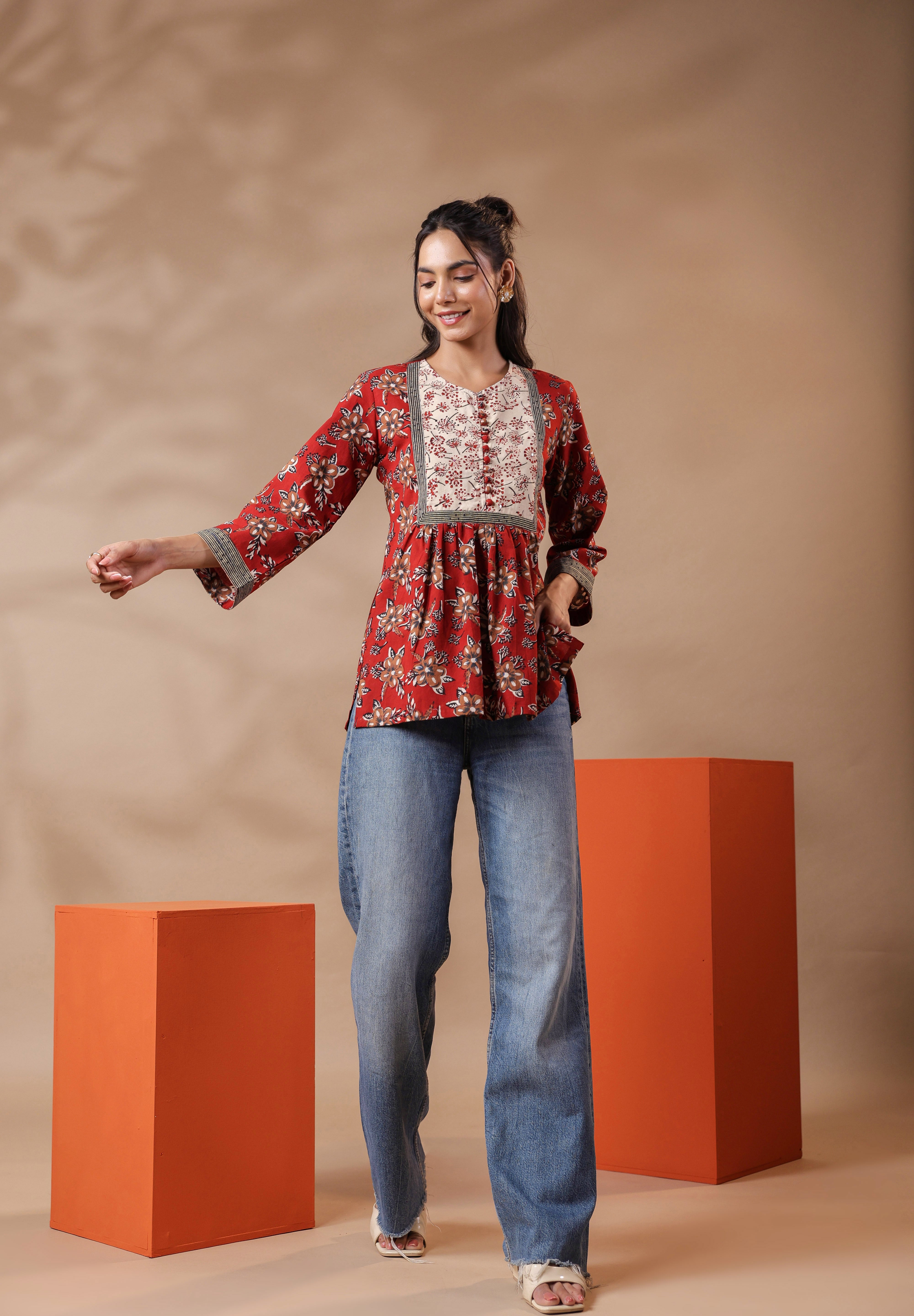 Maroon Bagru Printed Cotton Block Print A-Line Top