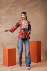 Maroon Bagru Printed Cotton Block Print A-Line Top