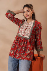Maroon Bagru Printed Cotton Block Print A-Line Top