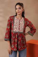 Maroon Bagru Printed Cotton Block Print A-Line Top