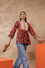 Maroon Bagru Printed Cotton Block Print A-Line Top