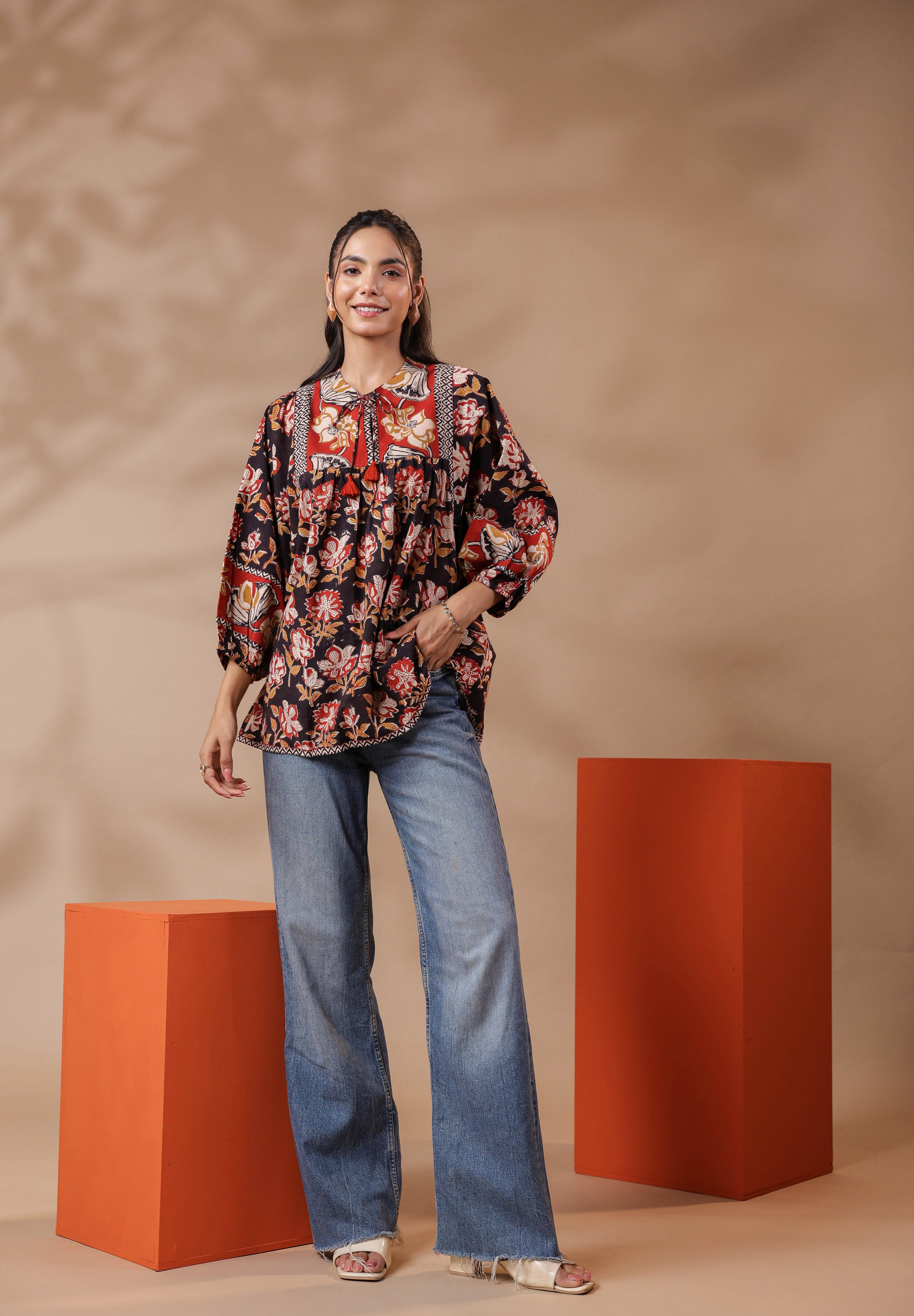 Black Bagru Hand-block Printed Boho Volume Sleeves Top