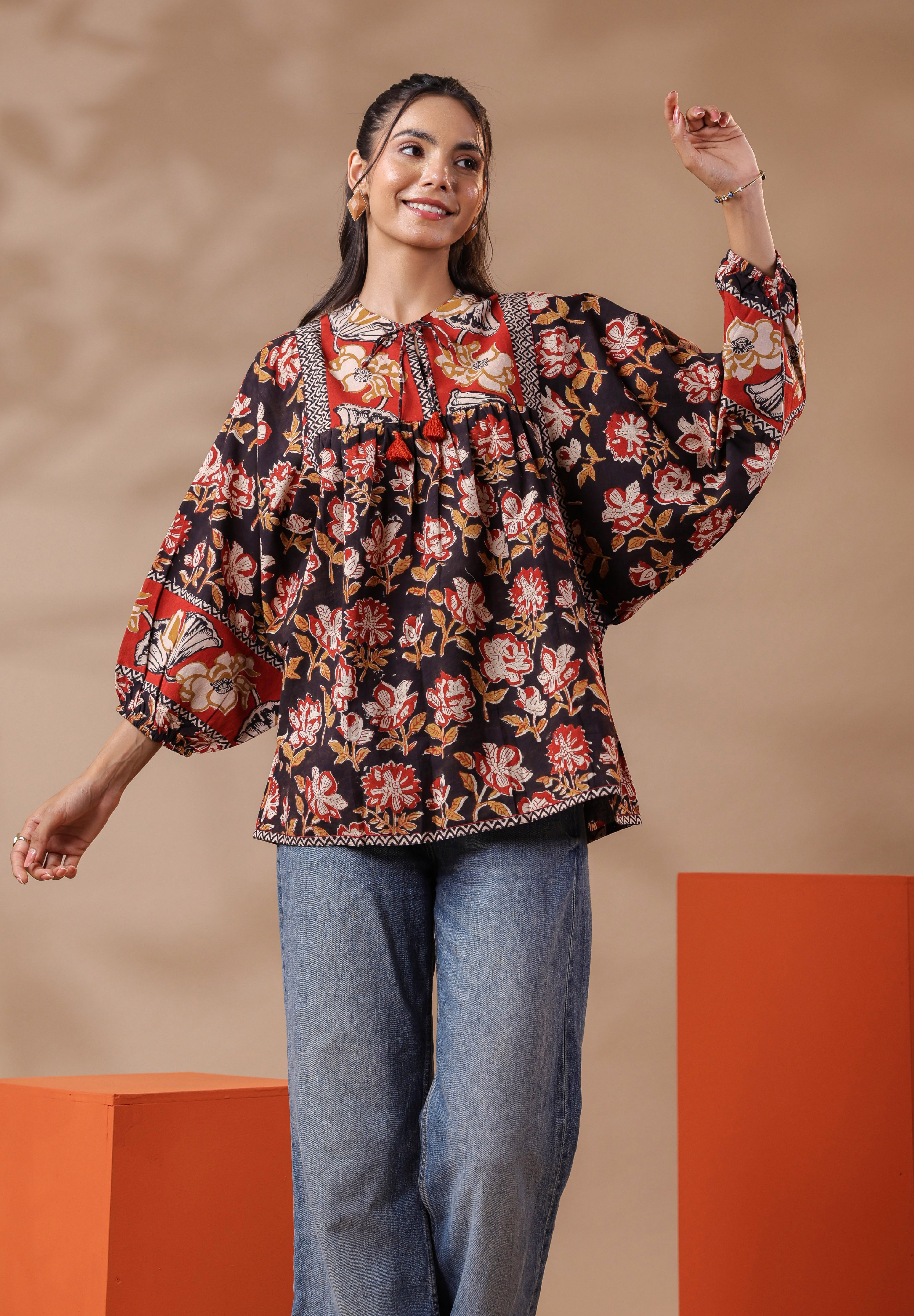 Black Bagru Hand-block Printed Boho Volume Sleeves Top