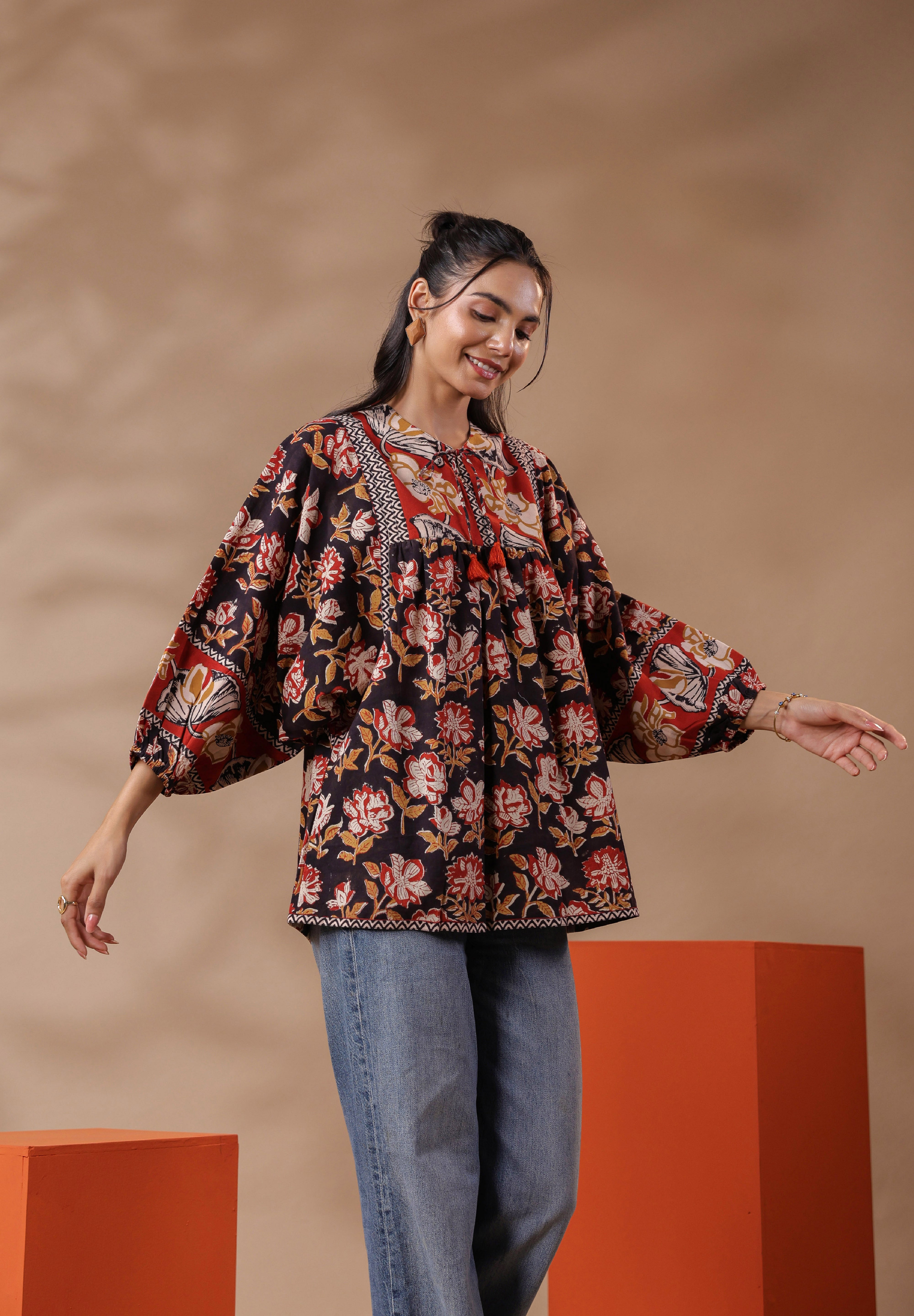 Black Bagru Hand-block Printed Boho Volume Sleeves Top