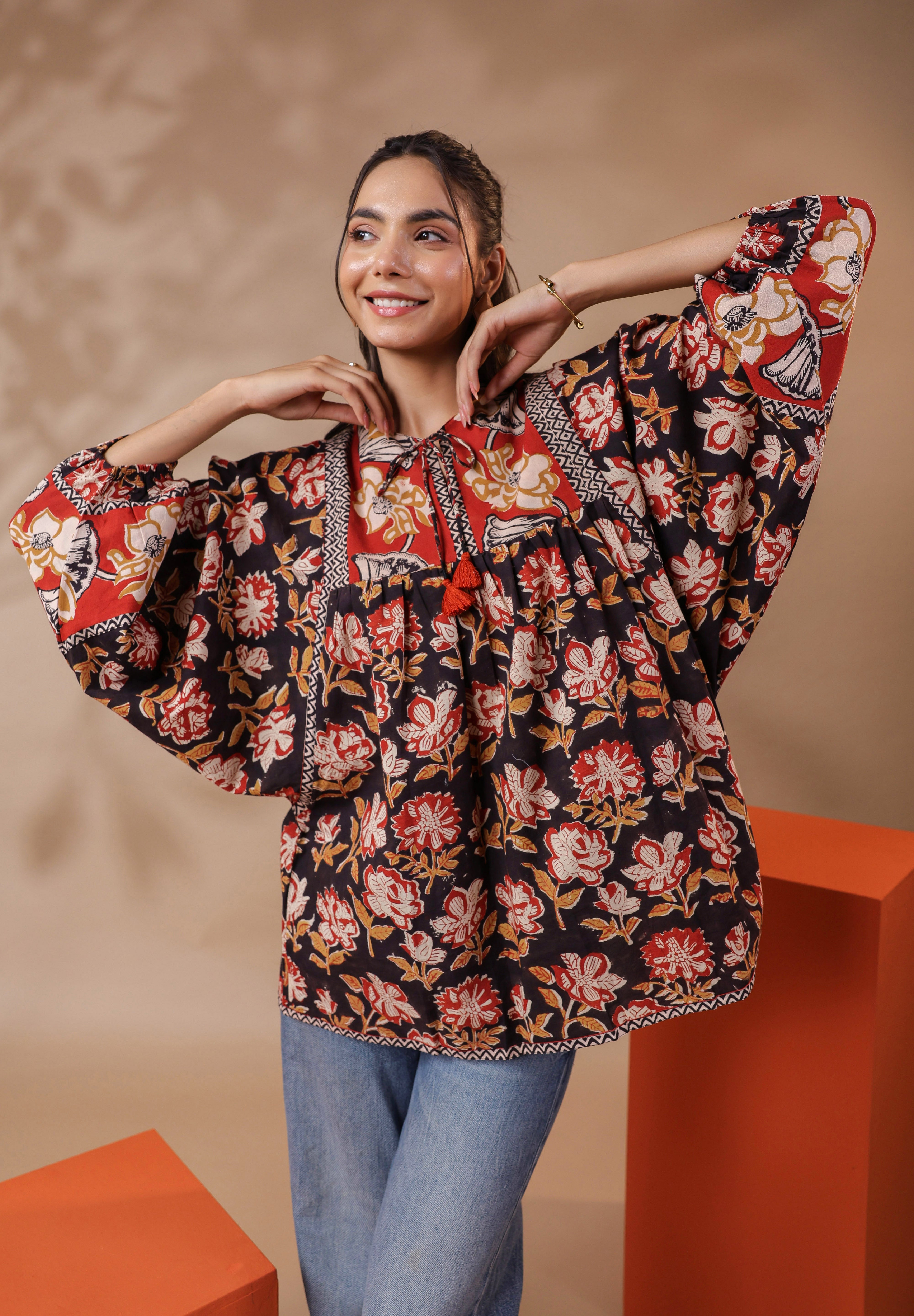 Black Bagru Hand-block Printed Boho Volume Sleeves Top