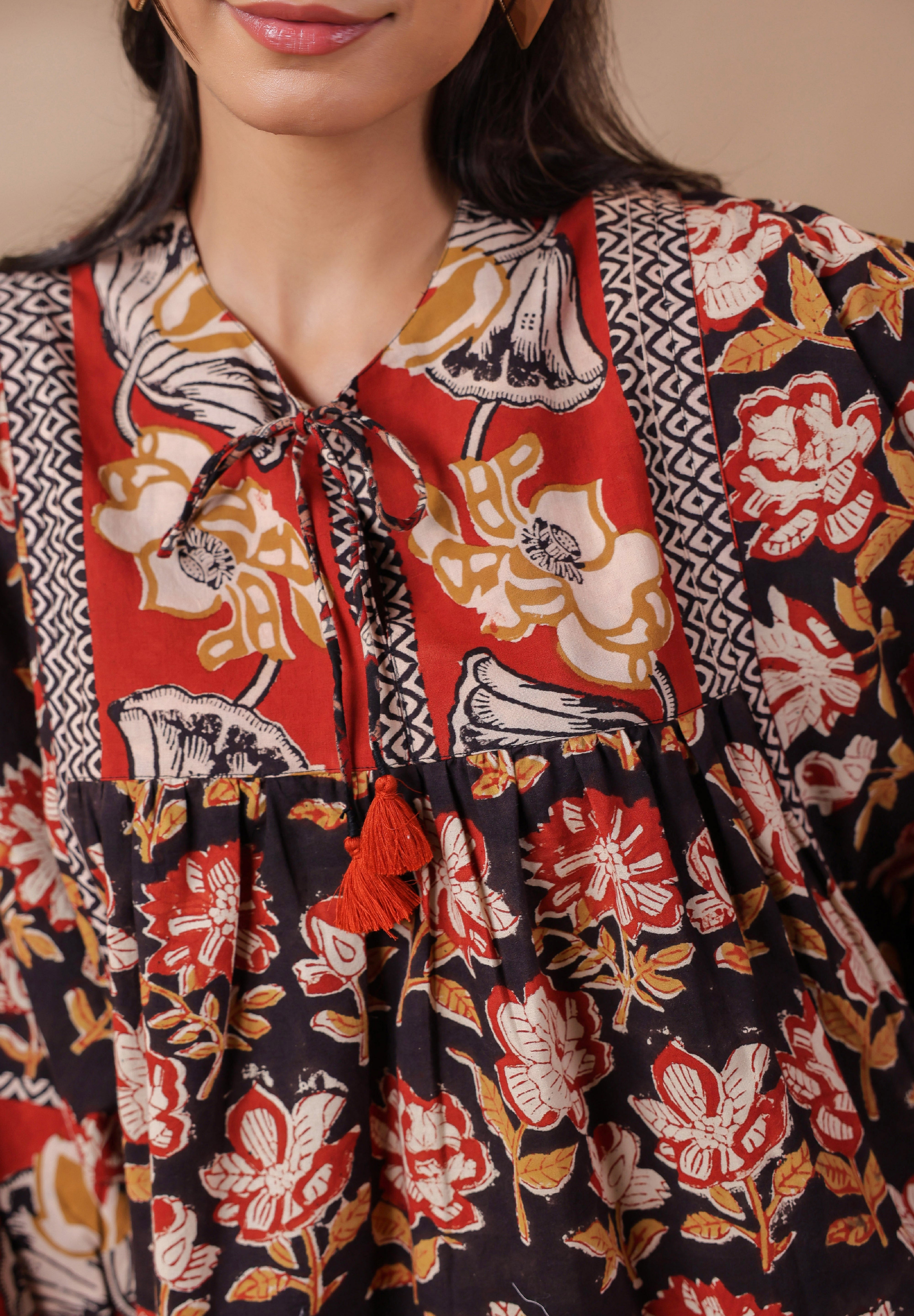 Black Bagru Hand-block Printed Boho Volume Sleeves Top