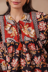 Black Bagru Hand-block Printed Boho Volume Sleeves Top