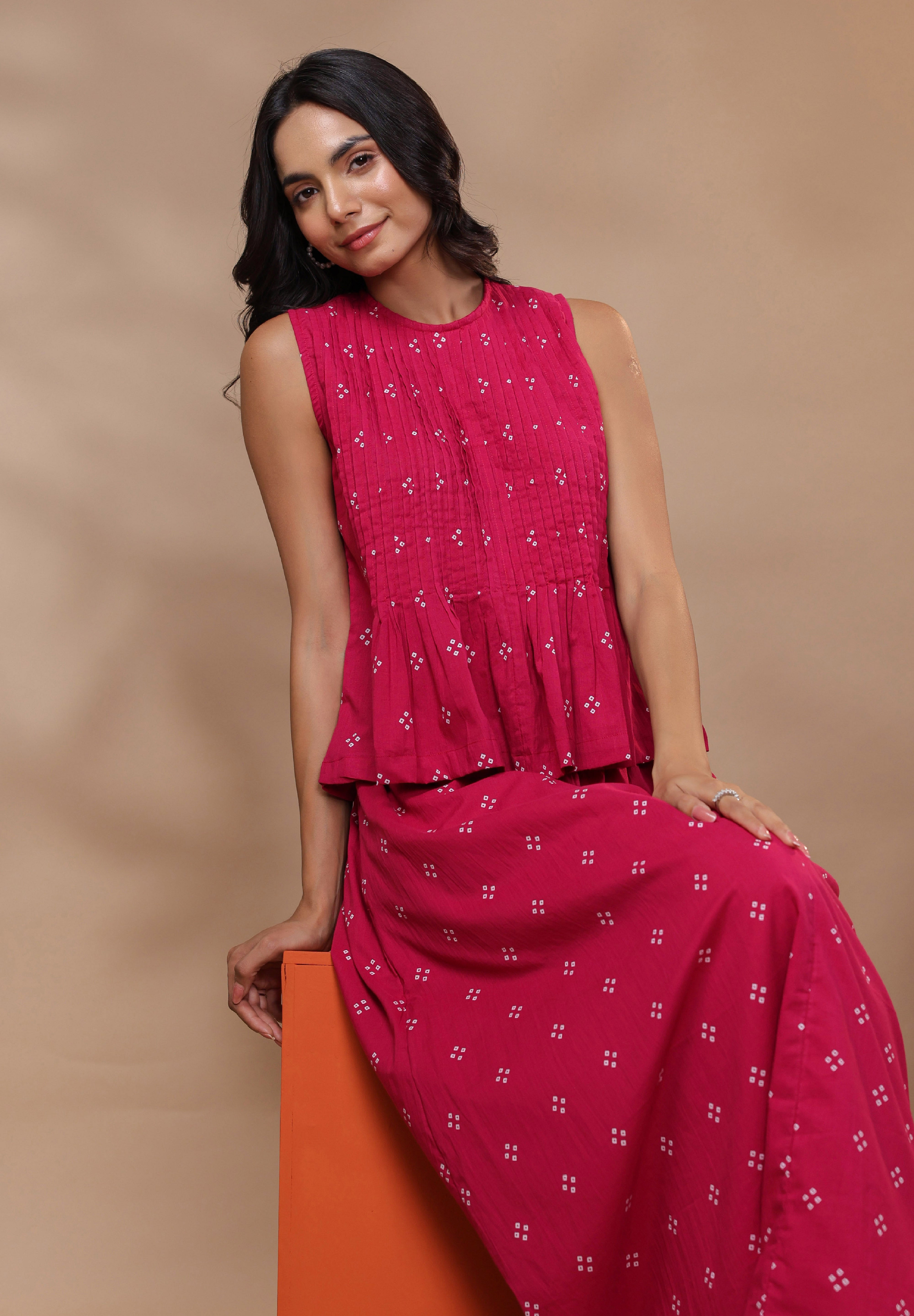 Pink Bandhej Cotton Skirt Co-ord Set