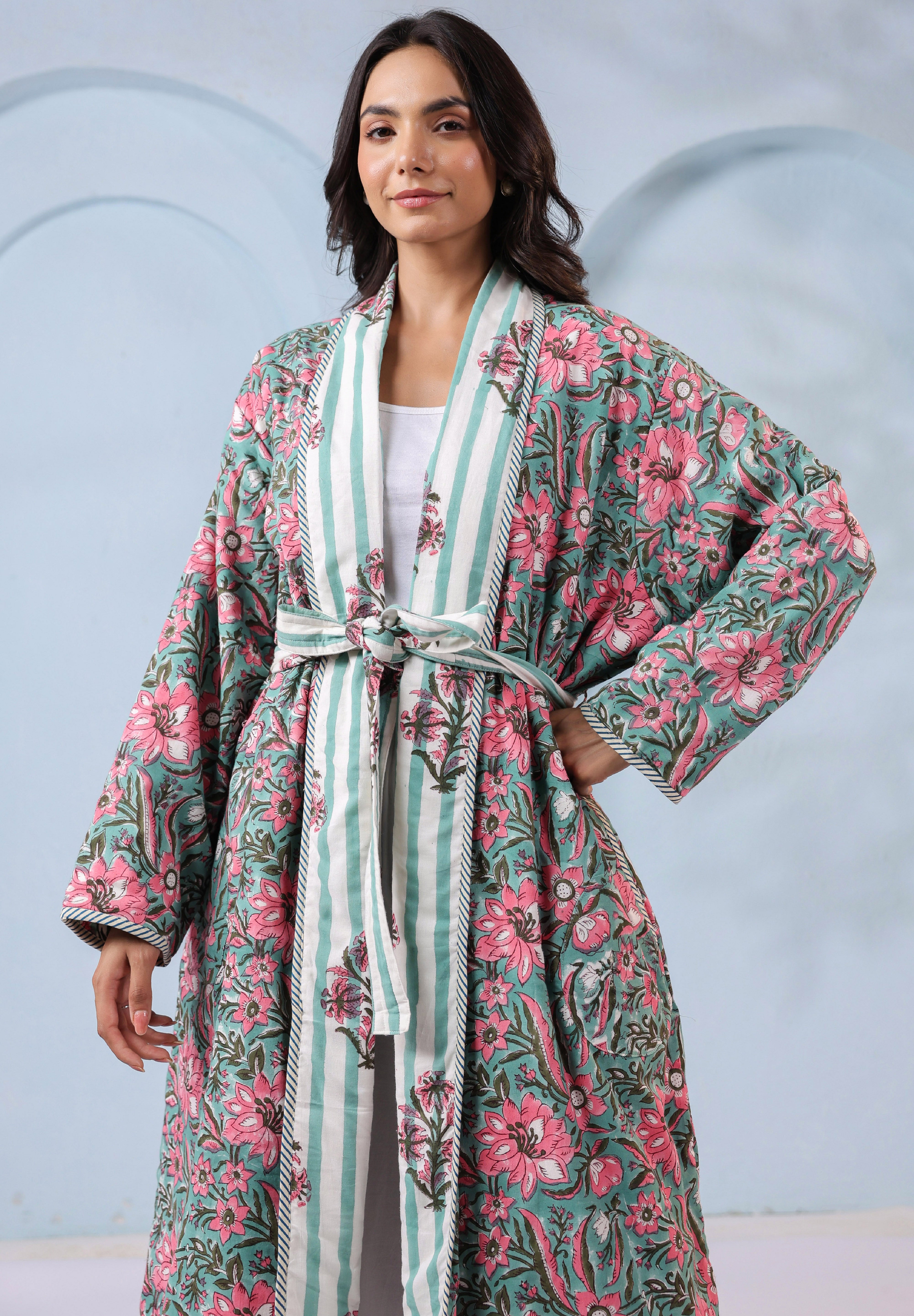 Reversible Robe Hibiscus Green Floral Quilted Reversible Robe – Jaipur Morni