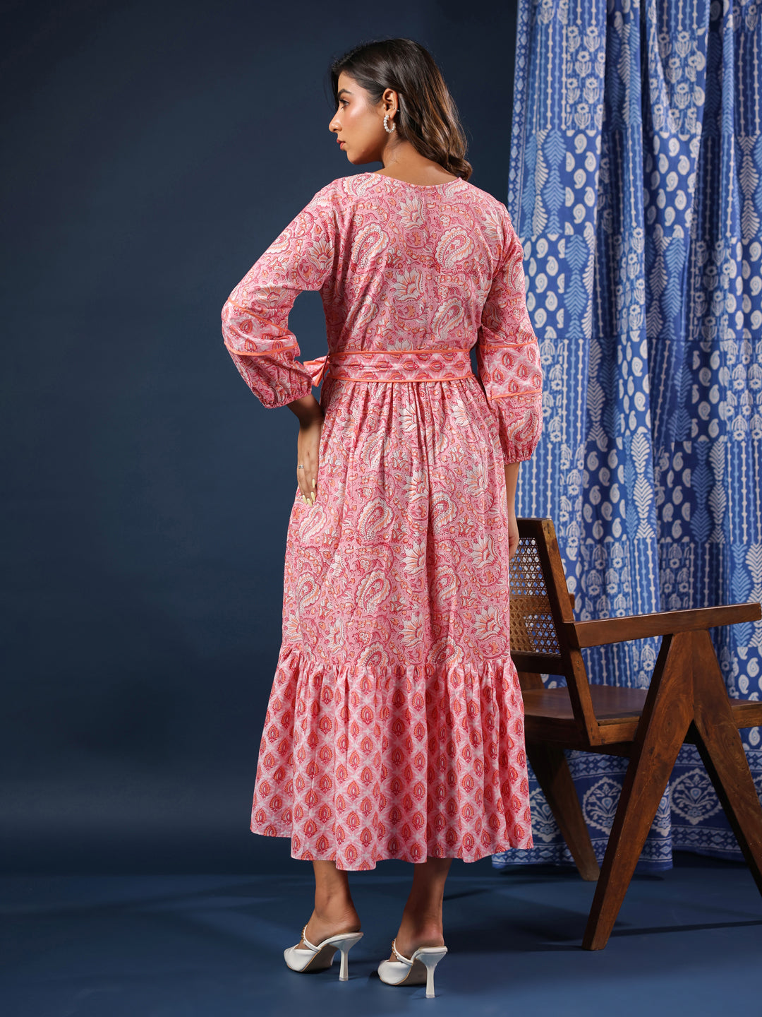 Pastel Pink handblock printed cotton dress with belt and pockets.