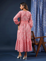 Pastel Pink handblock printed cotton dress with belt and pockets.