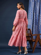 Pastel Pink handblock printed cotton dress with belt and pockets.