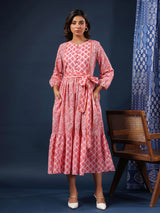Pastel Pink handblock printed cotton dress with belt and pockets.