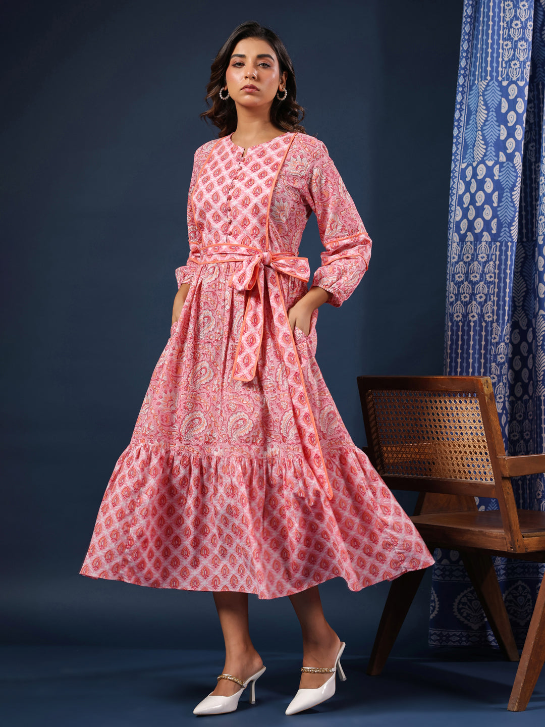 Pastel Pink handblock printed cotton dress with belt and pockets.